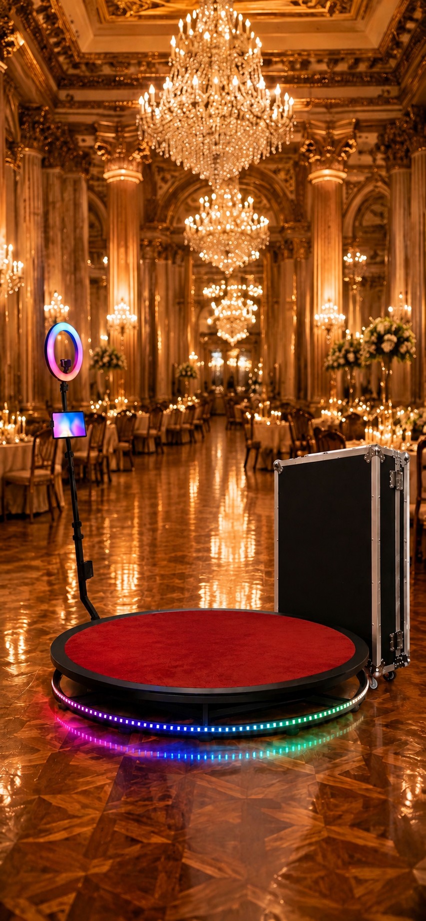360 Video Booth on red carpet in grand ballroom